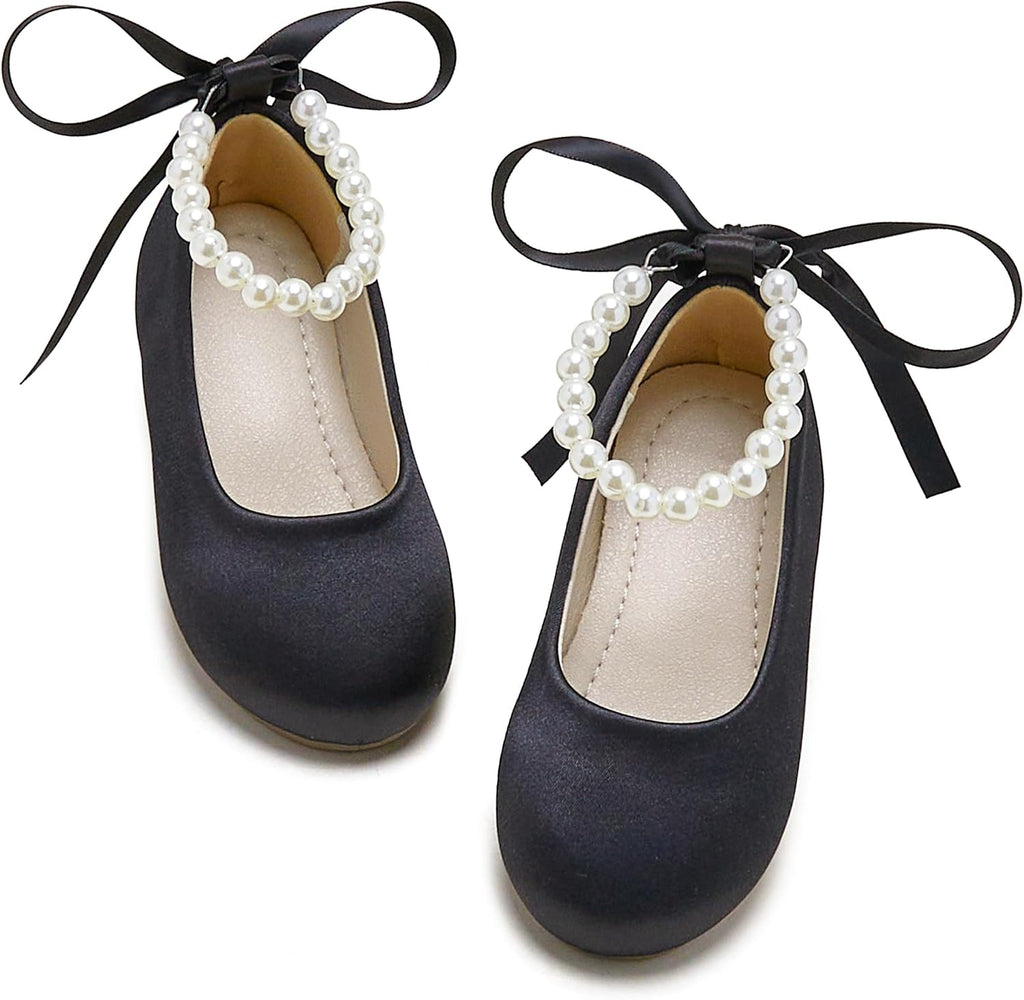 PHIRAMIN Toddler Flower Girl Satin Black Dress Shoes - Little Girl Ballet Flats Size 10 Pearl Wedding Party