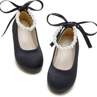 PHIRAMIN Toddler Flower Girl Satin Black Dress Shoes - Little Girl Ballet Flats Size 10 Pearl Wedding Party