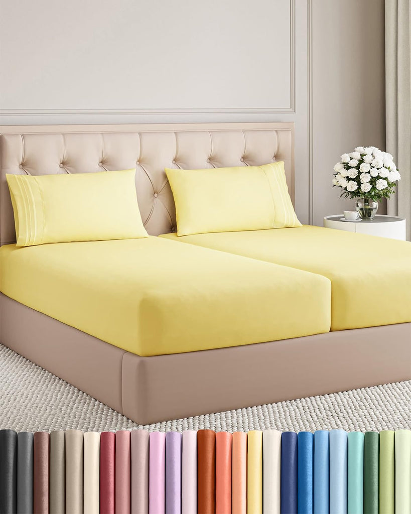 Split King Size 5 Piece Sheet Set - Breathable & Cooling Sheets - Yellow