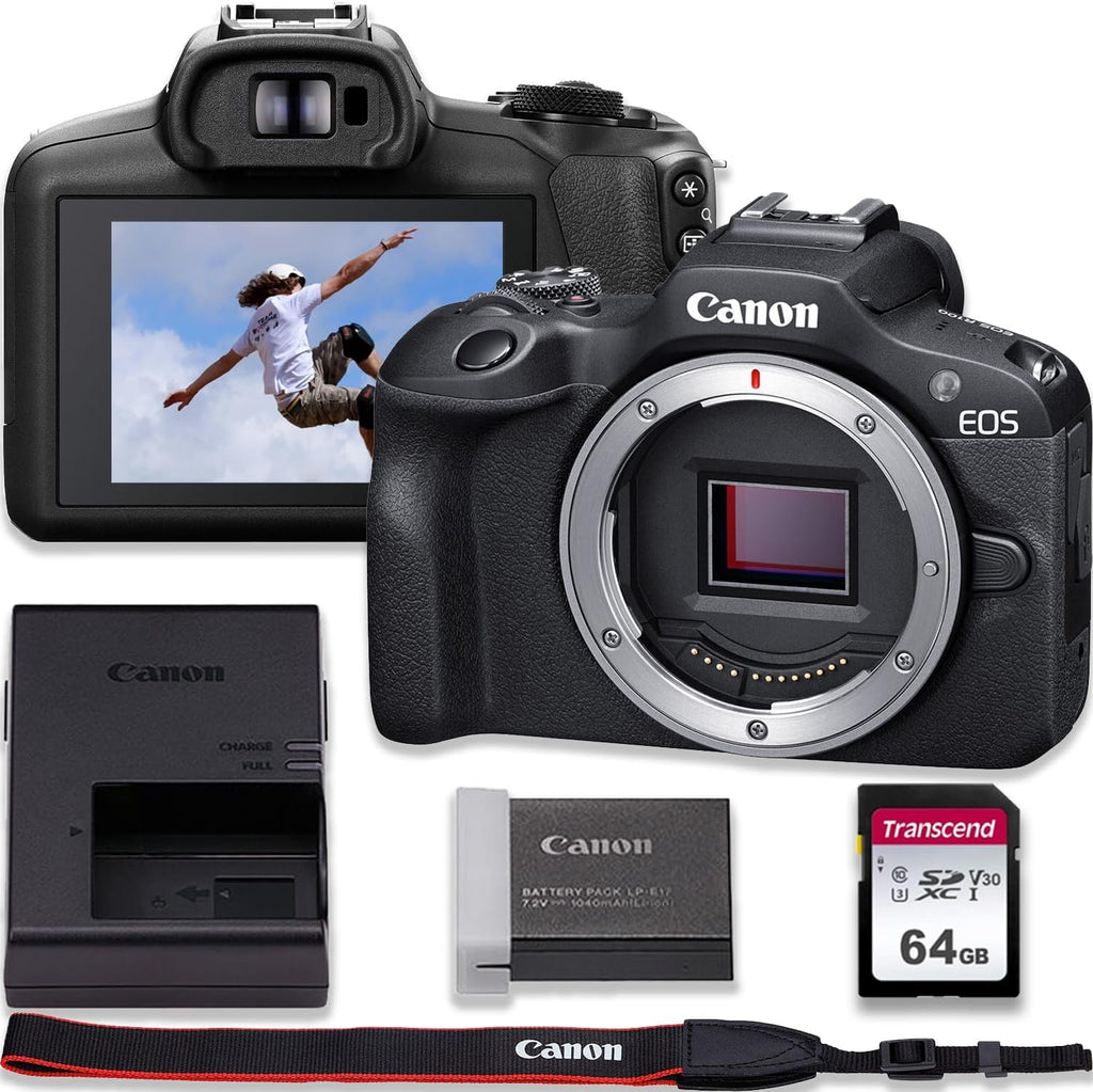 Canon EOS R100 4K Video Recording Mirrorless Camera (Body) with 64GB Fast Transcend Memory Card, Black (Renewed)