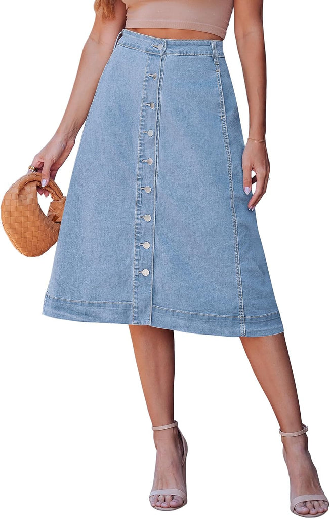 luvamia Jean Skirts for Women Trendy Midi Length A Line Plus Size Skirt Western Denim Midi Skirts Button Down Faldas Mod
