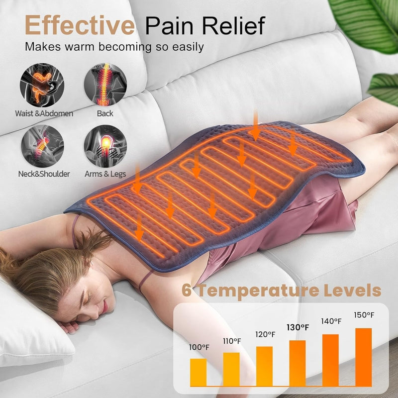 VAAGHANM Almohadilla calefactora: 33 x 17 pulgadas almohadilla térmica eléctrica para espalda - Almohadilla térmica extra grande para hombro/cuello/rodilla/brazos - Temporizador mejorado de 6 y 6
