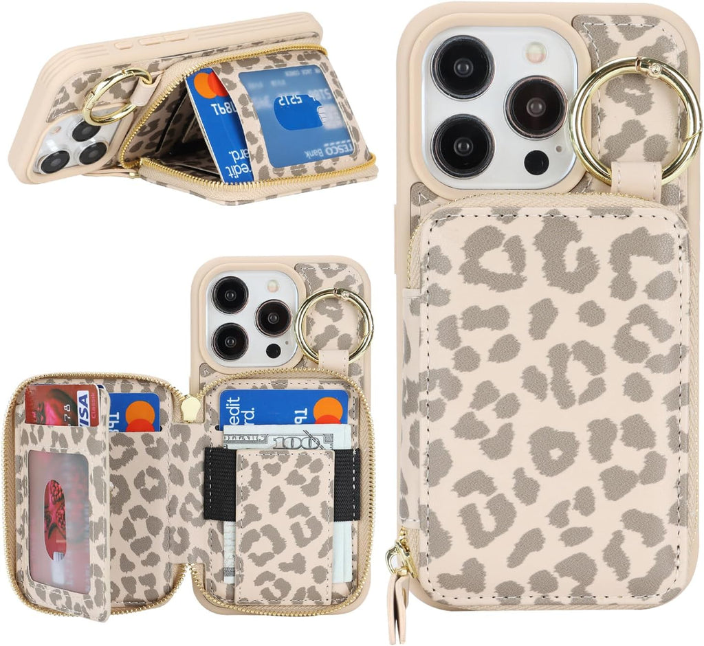 Hamany for iPhone 15 pro Case Wallet with Card Holder-Off-White Leopard