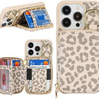 Hamany for iPhone 15 pro Case Wallet with Card Holder-Off-White Leopard
