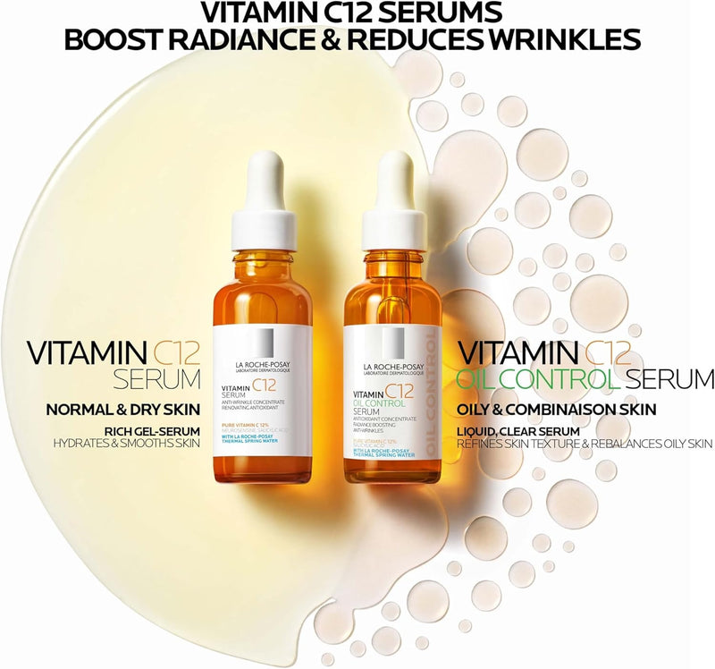 La Roche-Posay Suero puro de Vitamina C al 12% para cara con ácido hialurónico y ácido salicílico, suero facial hidratante, aumenta la luminosidad y reduce las arrugas, 2 fórmulas para piel normal