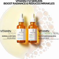 La Roche-Posay Suero puro de Vitamina C al 12% para cara con ácido hialurónico y ácido salicílico, suero facial hidratante, aumenta la luminosidad y reduce las arrugas, 2 fórmulas para piel normal