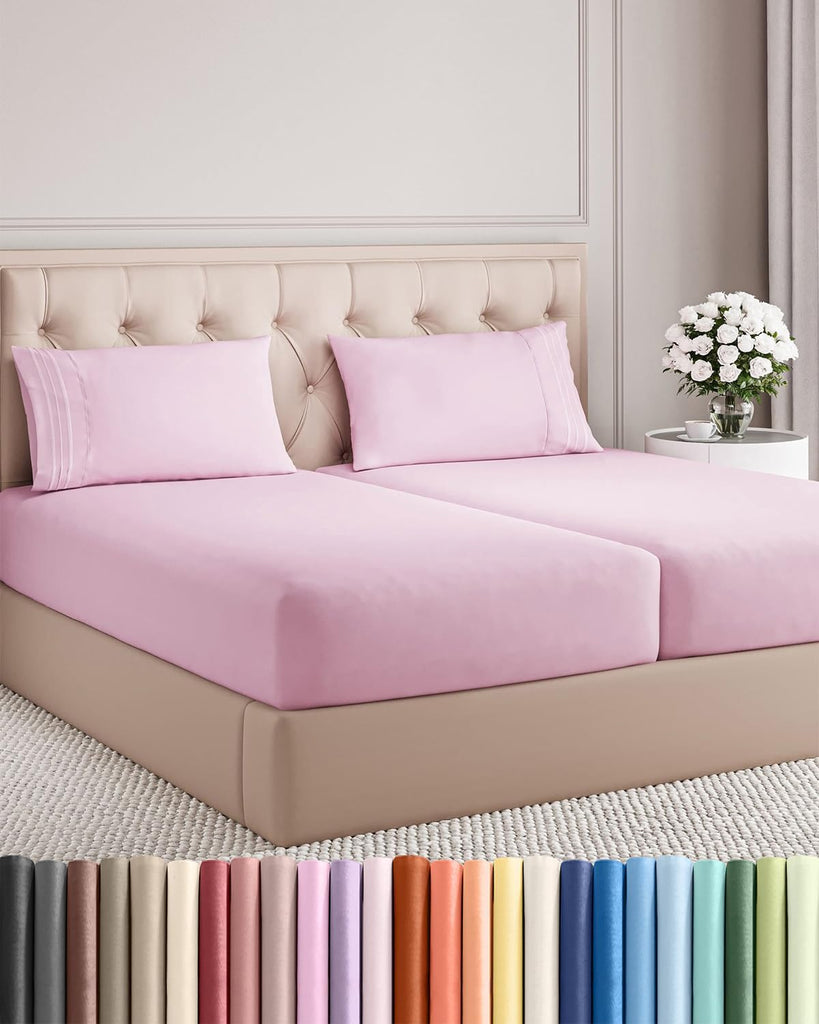 Split King Size 5 Piece Sheet Set - Comfy Breathable & Cooling - Light Pink