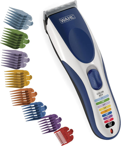 Máquina para cortar pelo de Wahl Color Pro, recargable, inalámbrica, 21 piezas codificadas con colores para corte de pelo, con 12 peines guía y suave estuche de guardado