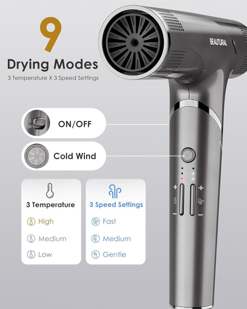 BEAUTURAL 1600W High-Speed Foldable Dual Voltage Travel Hair Dryer, Gray