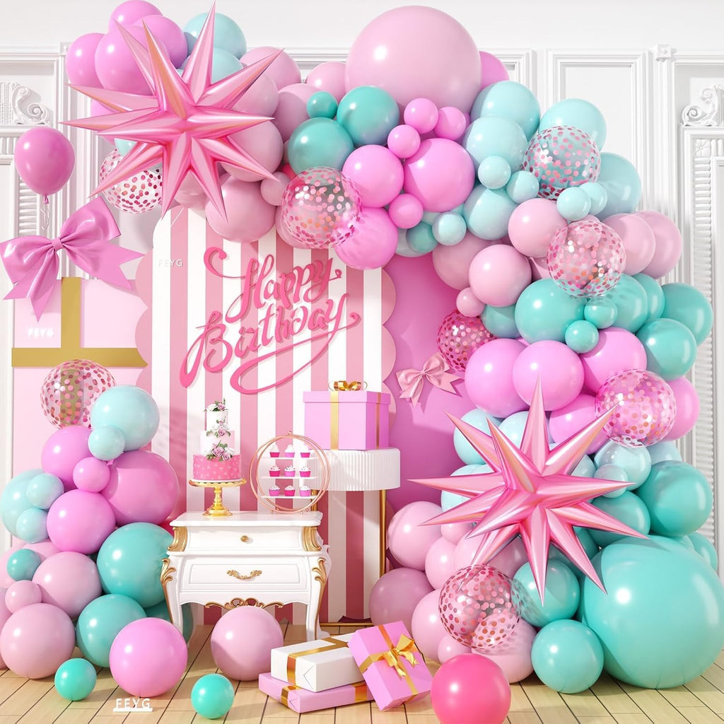 Pink Teal Turquoise Balloon Garland Arch Kit, Pastel Latex Party Balloons