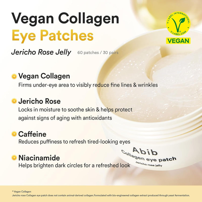 Abib Parches de colágeno para debajo de los ojos de rosa de Jericó en gel 60 parches, parches coreanos para debajo de los ojos para ojos hinchados y ojeras, antiarrugas, colágeno, cafeína, niacinamida