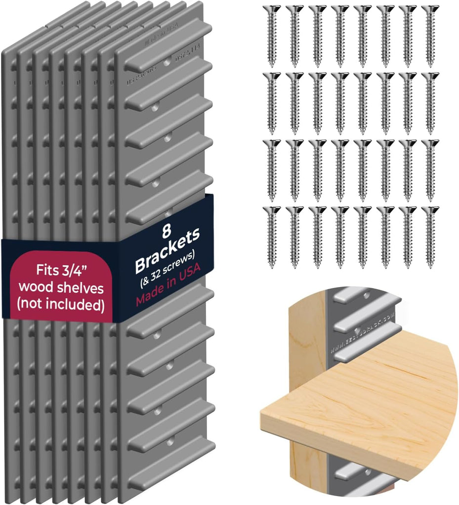 Made in USA EZStudRack Adjustable Shelf Brackets, 8-Pack (4 Pairs) – Easy-to-Adjust One-Row Storage for Custom-Fit Shelv