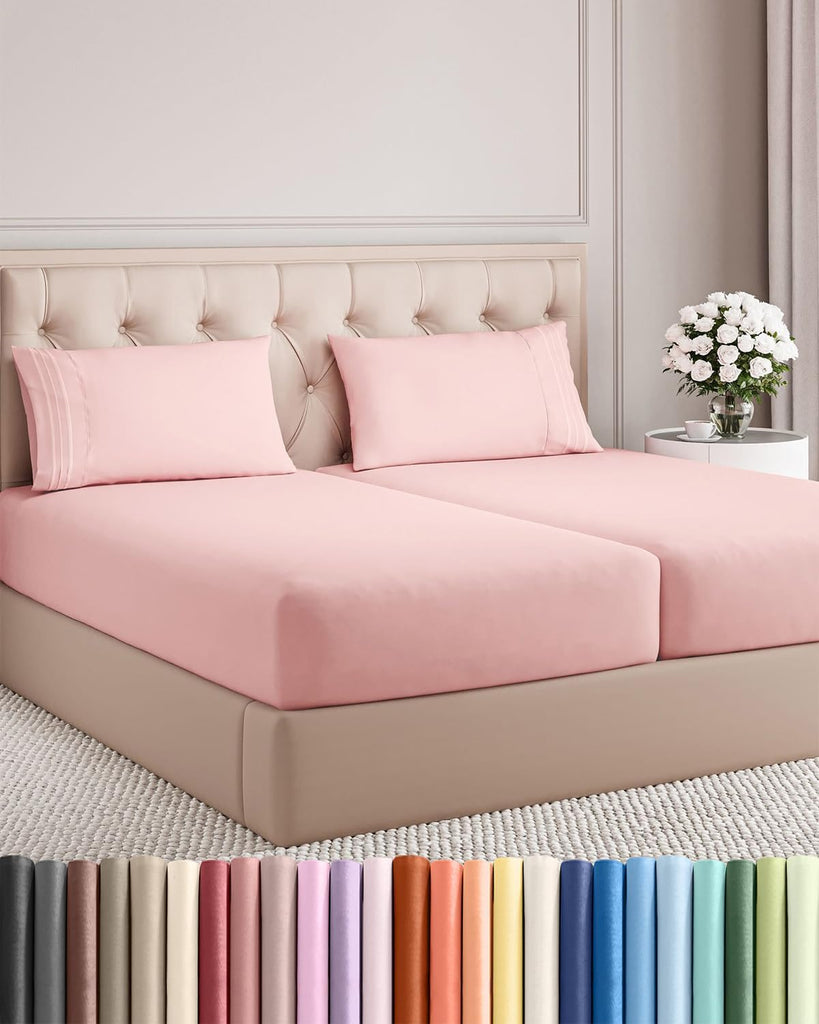 Split King Size 5 Piece Sheet Set - Breathable & Cooling Sheets - Baby Pink