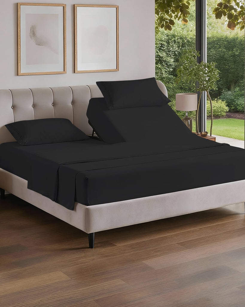 Flex Top Split Head King 4 Piece Sheet Set - Ultra-Soft, Breathable - Black