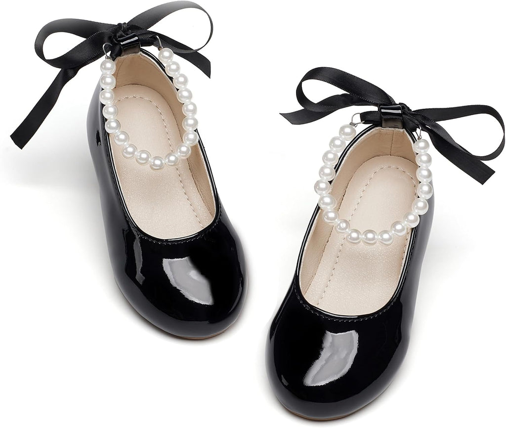 PHIRAMIN Toddler Flower Girl Patent Black Dress Shoes - Little Girl Ballet Flats Size 5 Pearl Wedding Party