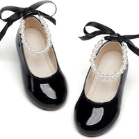 PHIRAMIN Toddler Flower Girl Patent Black Dress Shoes - Little Girl Ballet Flats Size 5 Pearl Wedding Party