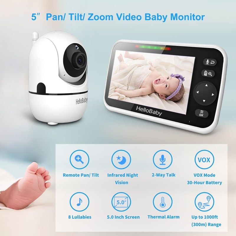 HelloBaby No WiFi Baby Monitor Camera and Audio HB6550, 5" Video Screen