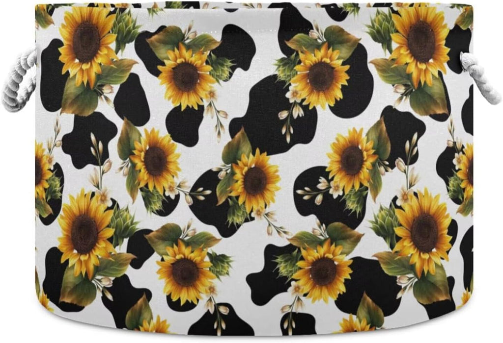 LEANSHSA Sunflower Cow Print Collapsible Round Storage Basket with Handles
