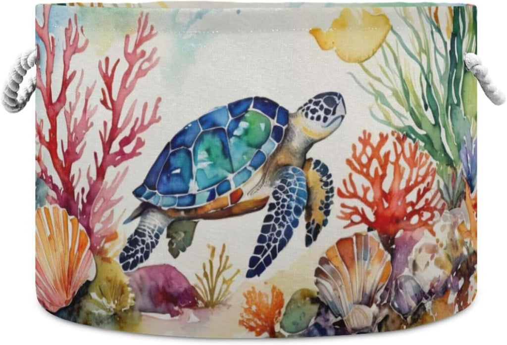 LEANSHSA Sea Turtle Print Collapsible Round Storage Basket with Handles