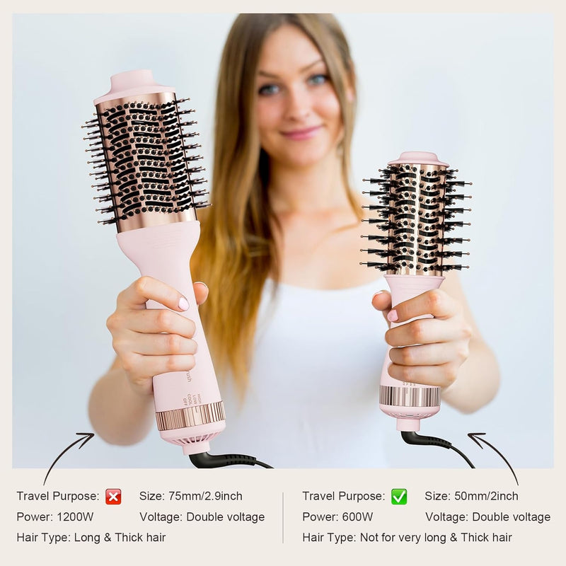 Cepillo Secador de Viaje 2 en 1, Mini Cepillo de Aire Caliente de Doble Voltaje 110V-240V, Hair Trends Nano Titanium de 2 Pulgadas Secador de Cabello y Estilizador Voluminizador de Un Solo Paso Forma
