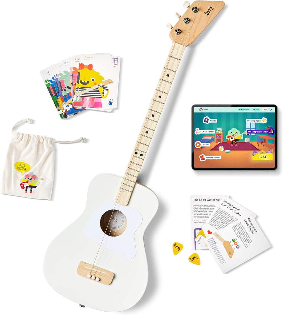 Loog Pro Acoustic kids Guitar 3-strings Ages 6+ Learning App and Lessons Included White