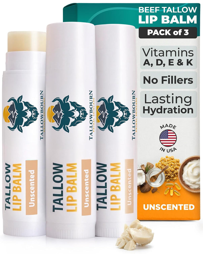 Tallowbourn Moisturizing Grass-Fed Beef Tallow Lip Balm 3pk – Unscented