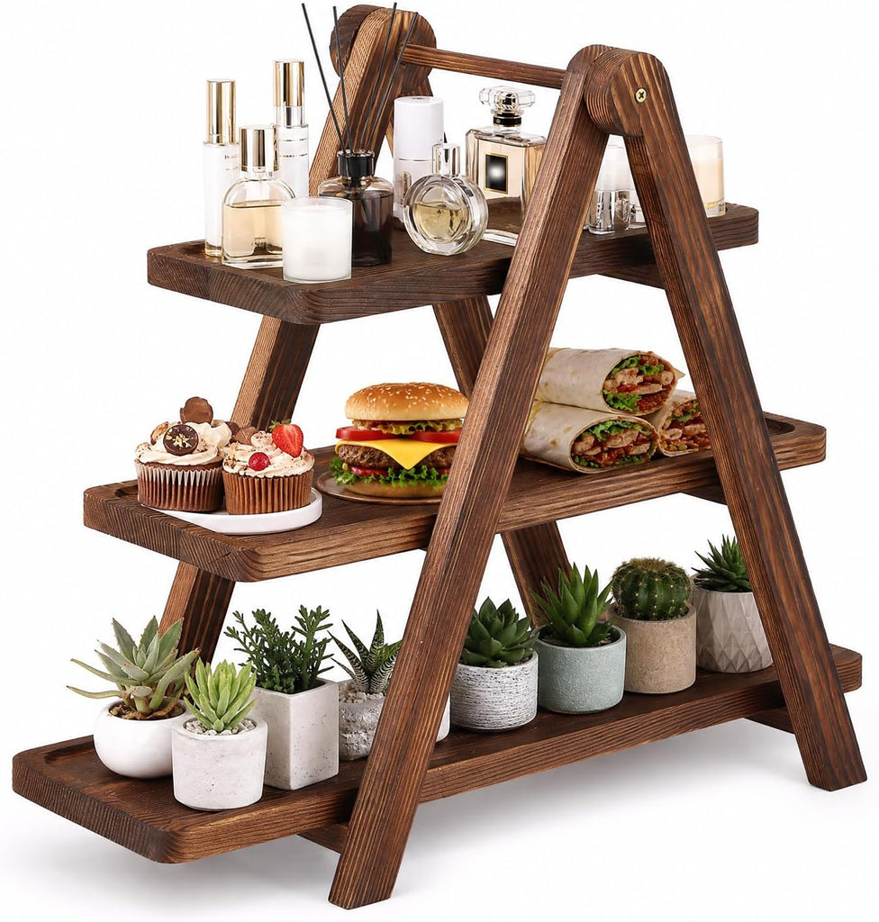 Wooden 3 Tier Foldable Serving Tray & Cupcake Stand