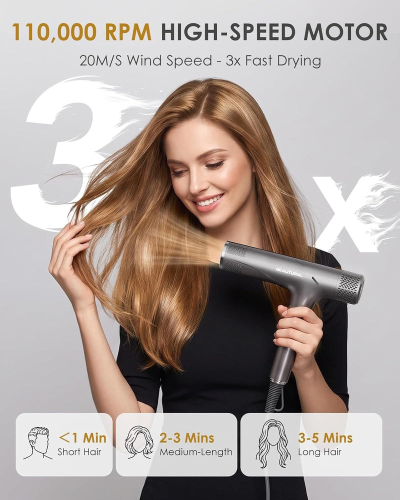 BEAUTURAL 1600W High-Speed Foldable Dual Voltage Travel Hair Dryer, Gray