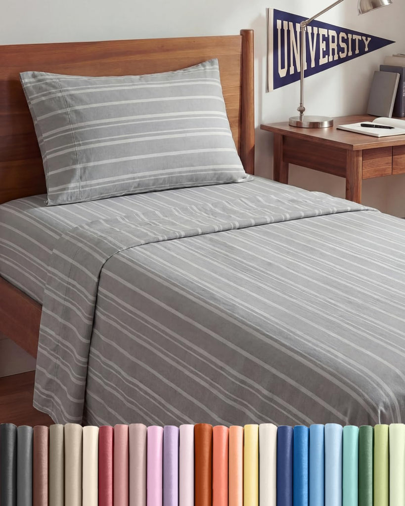 Twin XL 3 Piece Sheet Set - College Dorm Room Essentials - Grey Stripes