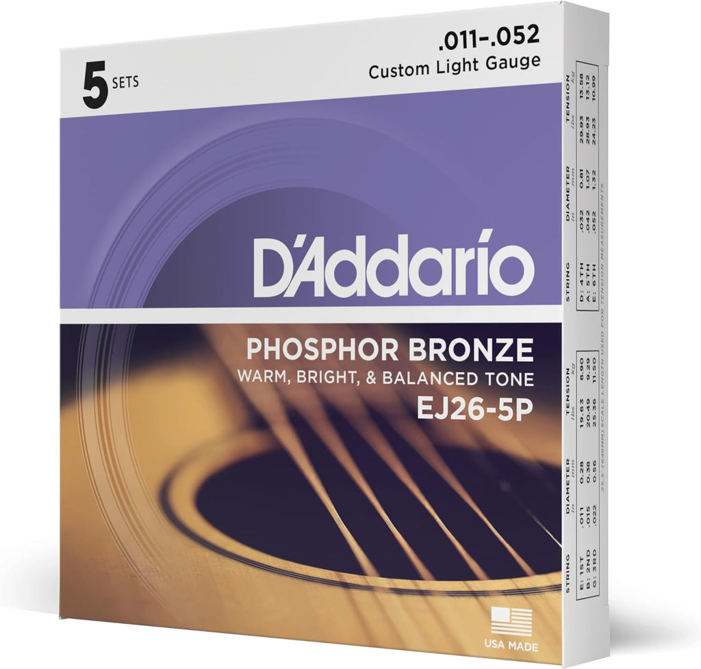 D'Addario EJ26-5P Phosphor Bronze Acoustic Guitar Strings 11-52, 5 Sets