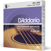 D'Addario EJ26-5P Phosphor Bronze Acoustic Guitar Strings 11-52, 5 Sets