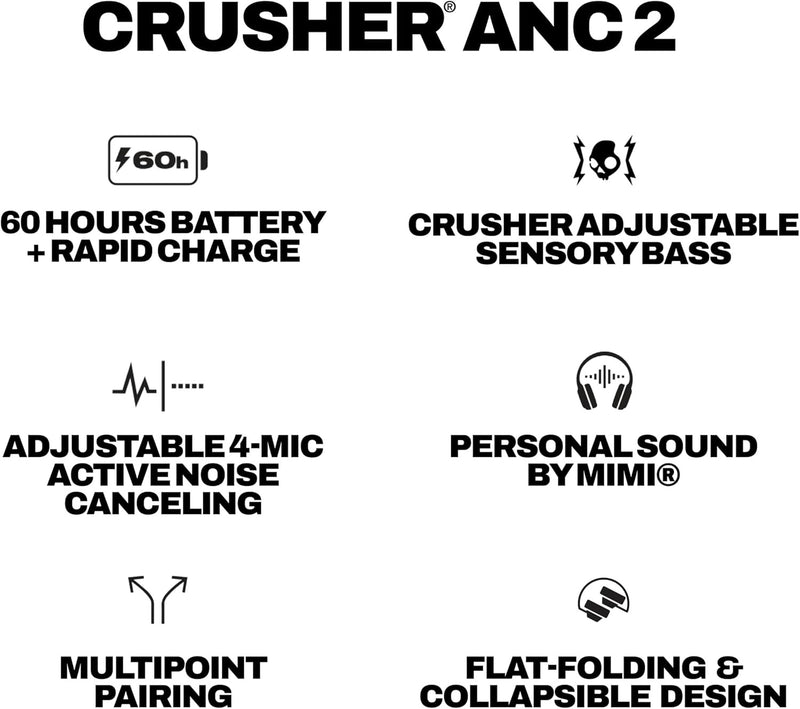 Skullcandy Crusher ANC 2 Wireless Over-Ear Bluetooth Headphones with Multi-Sensory Bass, Active Noise Cancelling, Up to 60 Hours Battery, Microphone for iPhone Android - Black/Asphalt