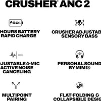 Skullcandy Crusher ANC 2 Wireless Over-Ear Bluetooth Headphones with Multi-Sensory Bass, Active Noise Cancelling, Up to 60 Hours Battery, Microphone for iPhone Android - Black/Asphalt