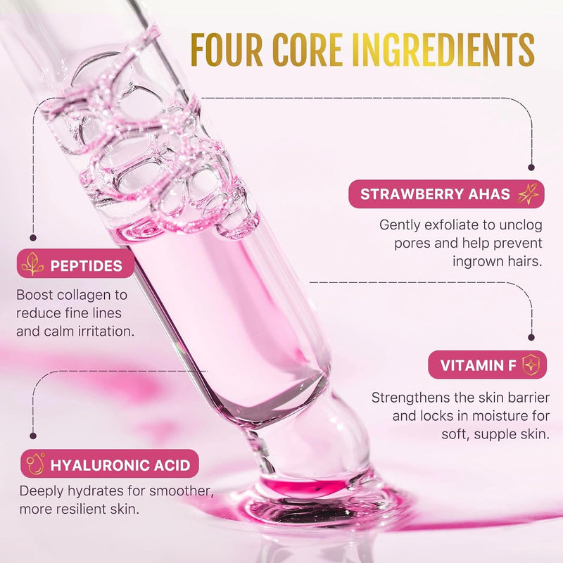 ikini Line Oil for Women - Smooth Glow After Shave Oil & Ingrown Hair Treatment | Razor Bumps, Strawberry Legs & Post Wax Care, Body Oil with Peptides & Strawberry AHA, 1.69 fl oz