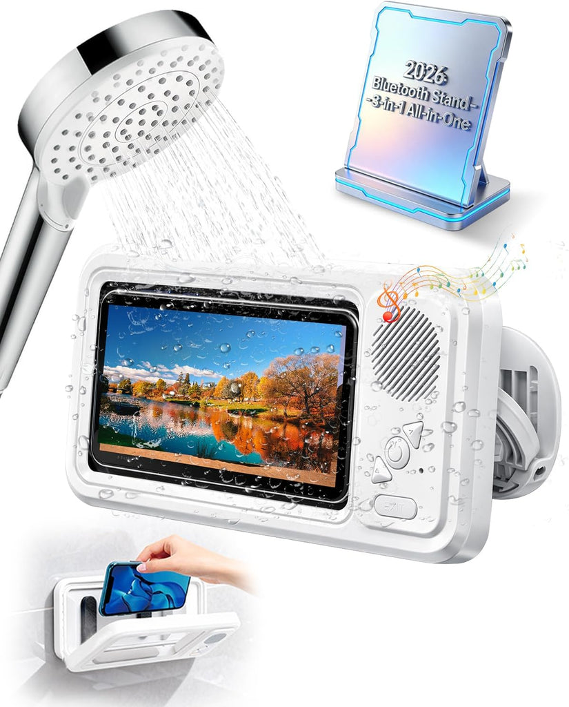 Shower Phone Holder Waterproof for iPhone Bathroom Fan with Speaker Bluetooth Water Proof Wall Mounted Mirror Mount Bath Screen Case Accessories Mount Cell Altavoz Impermeable Buddy in Bathtub