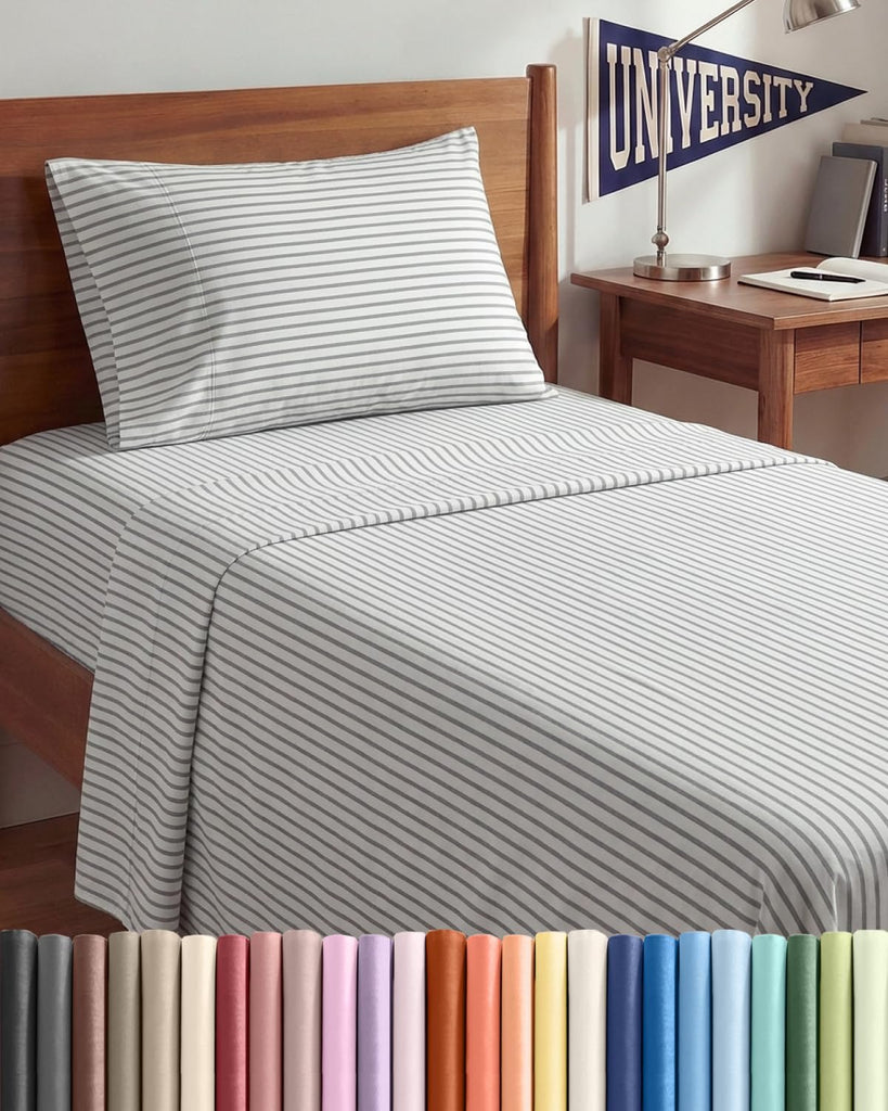Twin XL Size 3 Piece Sheet Set - Breathable & Cooling Sheets - Grey Stripes