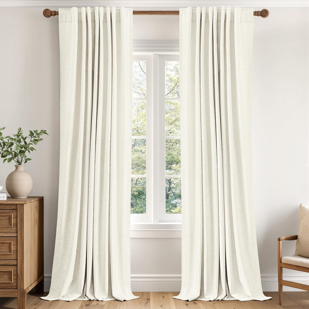 MIULEE 100% Blackout Linen Curtains for Bedroom 40W x 90L Ivory 2 Panels