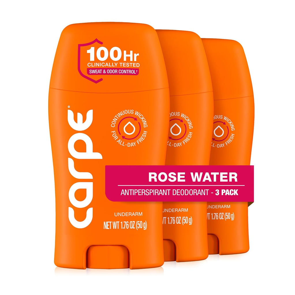 Carpe 100-Hour Antiperspirant Deodorant for Women, Rose Water - 3 Pack
