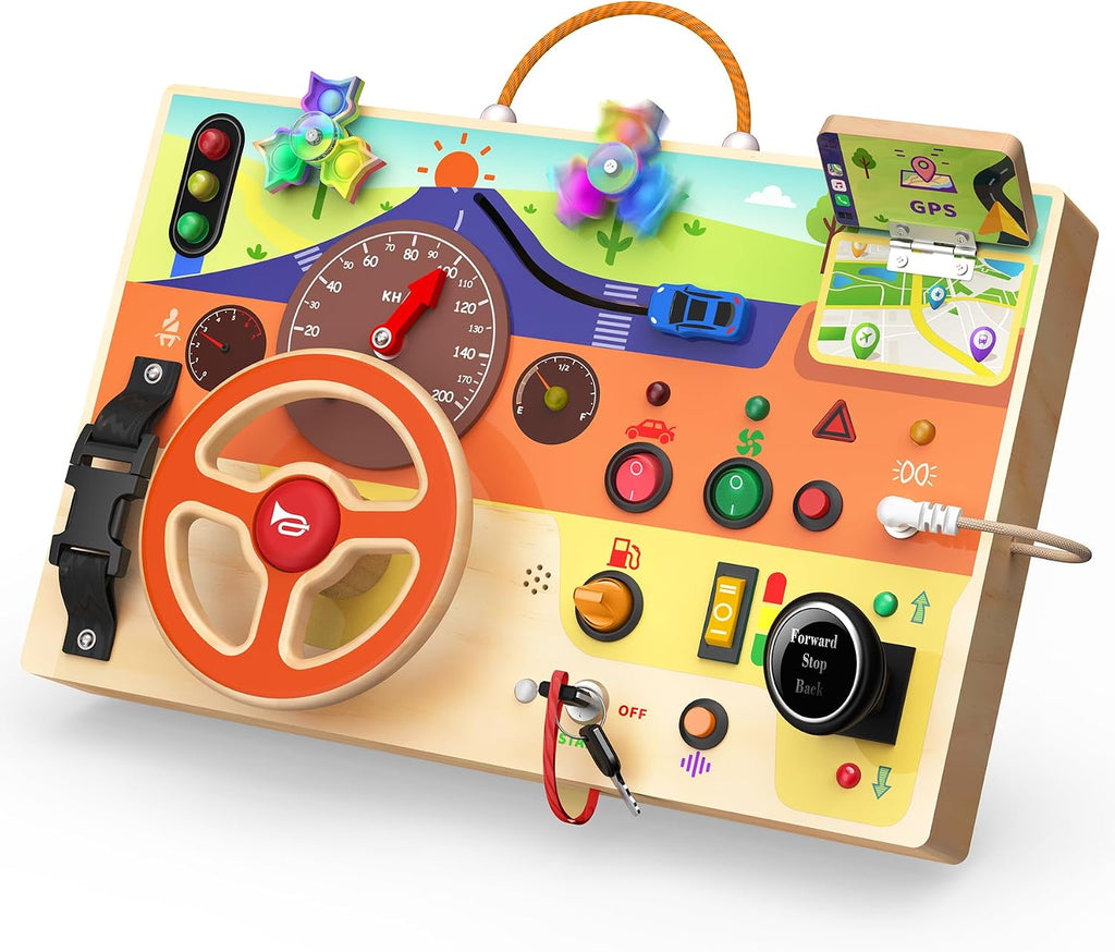 flycoost Busy Board Montessori Toys for Toddlers 1-3 with Steering Wheel
