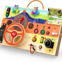 flycoost Busy Board Montessori Toys for Toddlers 1-3 with Steering Wheel