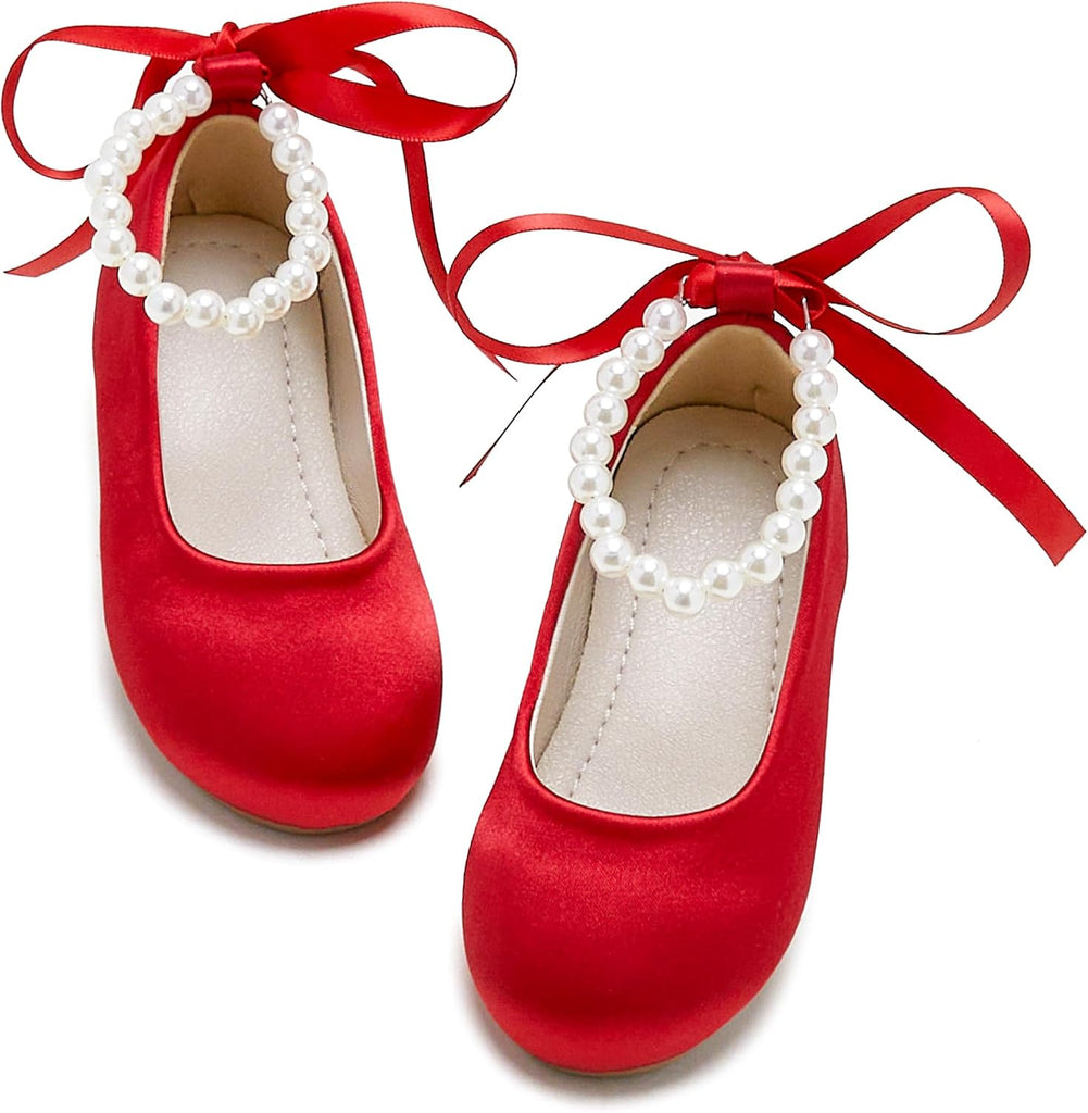 PHIRAMIN Toddler Flower Girl Satin Red Dress Shoes - Little Girl Ballet Flats Size 11 Pearl Wedding Party