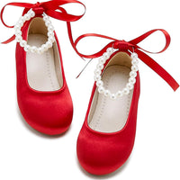 PHIRAMIN Toddler Flower Girl Satin Red Dress Shoes - Little Girl Ballet Flats Size 11 Pearl Wedding Party