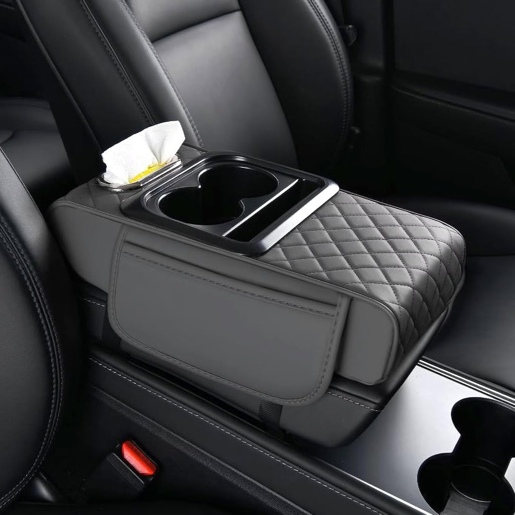 BNMFFYU Car Armrest Cushion Fit for Toyota RAV4: Fuax Leather Center Console Cover with Cup Holder, 2 Storage Bags, Phon