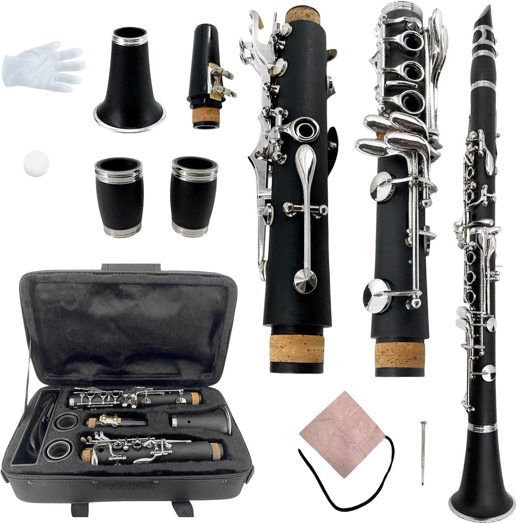 YoungMonic Ebonite C Clarinet with Carry Hard Bag & Care Kits Professional 17 Keys C Tuning Clarinets with 2 Barrels for