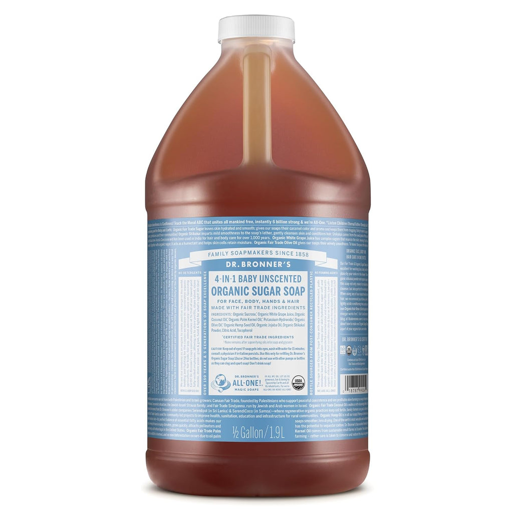 Dr. Bronner’s - Organic Sugar Soap (Baby Unscented, 64 Ounce) - Made with Organic Oils, Sugar and Shikakai Powder, 4-in-