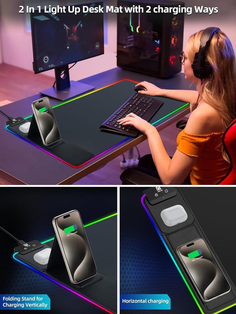Miroddi XXL Mouse Pad with Phone Holder - Black, RGB Desk Mat with 15W Fast Charging, LED Gaming Mousepad with 11 Light Colors, Waterproof Non-Slip Pad for Office & Home (Black with PD Adapter)