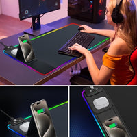 Miroddi XXL Mouse Pad with Phone Holder - Black, RGB Desk Mat with 15W Fast Charging, LED Gaming Mousepad with 11 Light Colors, Waterproof Non-Slip Pad for Office & Home (Black with PD Adapter)