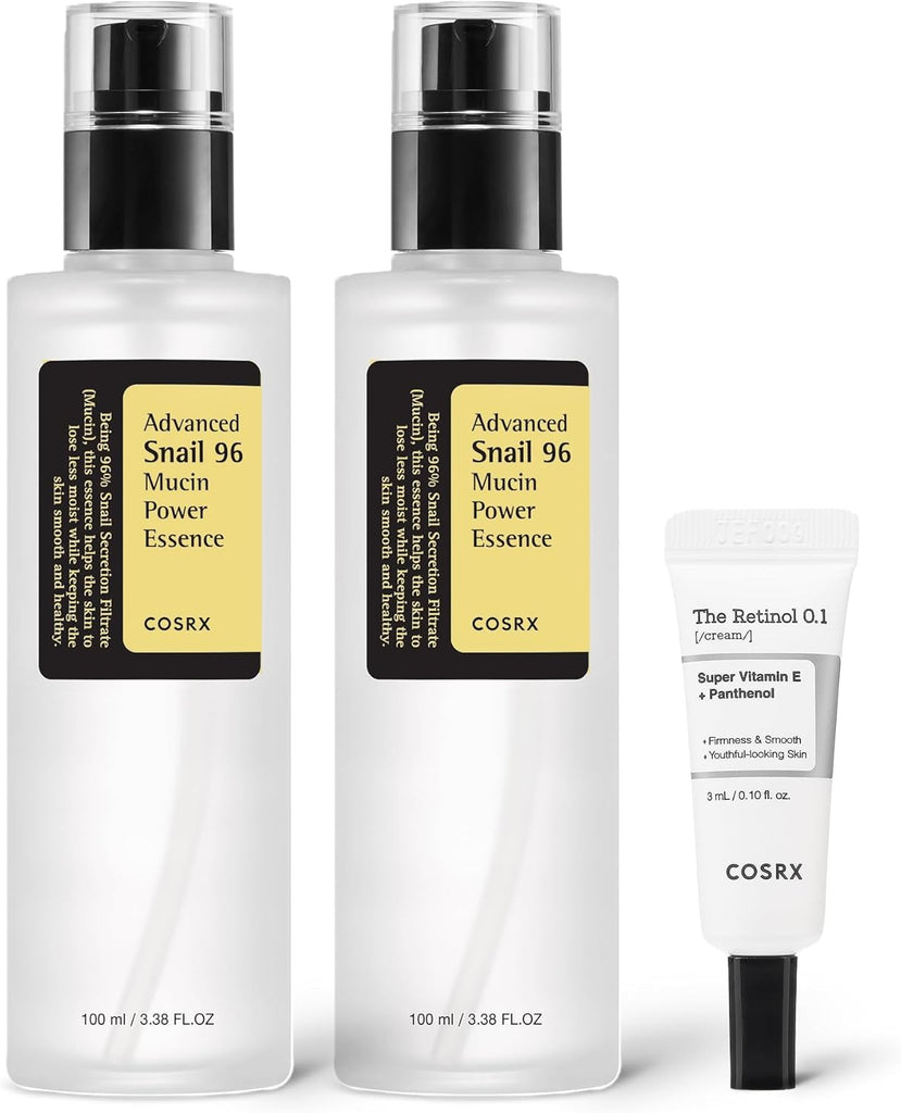 COSRX Snail 96% Mucin Power Essence 2ea y Retinol 0.1% Cream Mini Sample 1ea, juego de inicio de piel de vidrio, exclusivo de Amazon, kit de cuidado de la piel coreano hidratante y reafirmante diario,