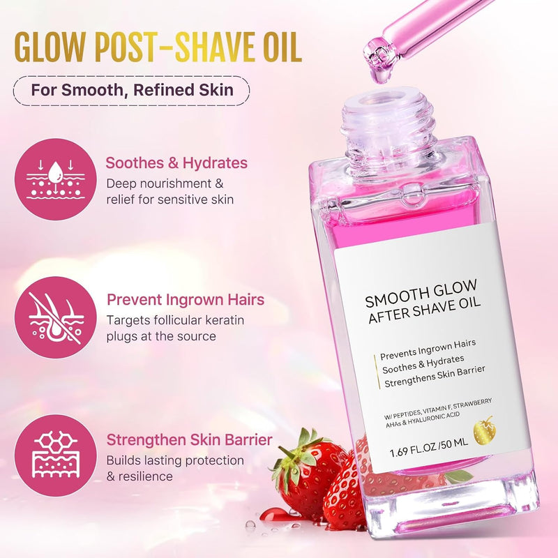 ikini Line Oil for Women - Smooth Glow After Shave Oil & Ingrown Hair Treatment | Razor Bumps, Strawberry Legs & Post Wax Care, Body Oil with Peptides & Strawberry AHA, 1.69 fl oz