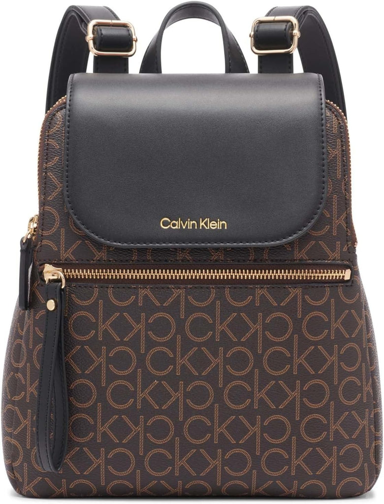 Calvin Klein Women's Elaine Signature Flap Backpack, Brown, OS